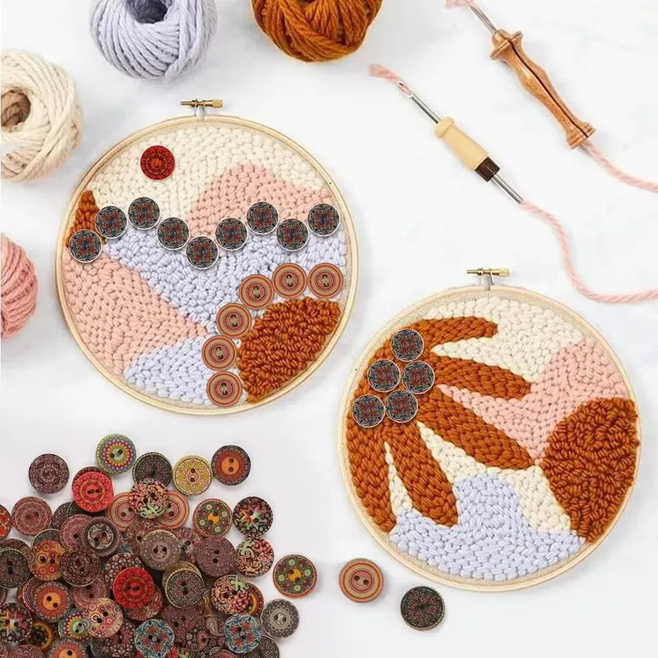 Vintage Wooden Buttons Assortment with Floral Designs