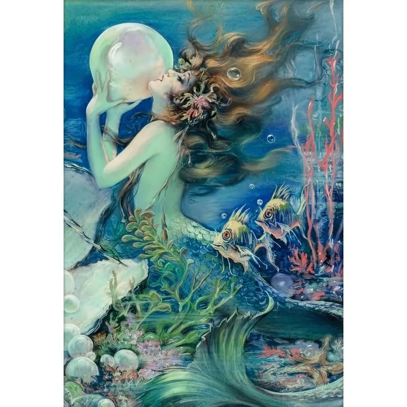 Ethereal portrait of a woman with flowing hair and a pale sphere, set against a vibrant blue underwater scene.