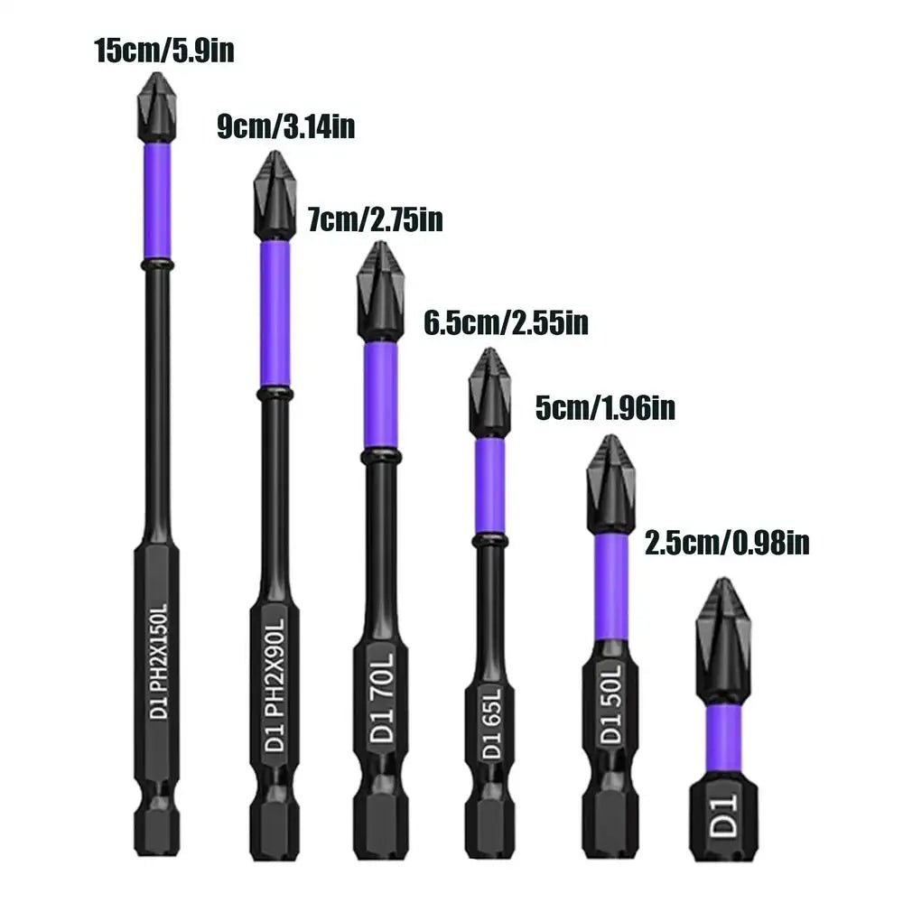 A set of six D1 magnetic screwdriver bits in various sizes and lengths shown vertically.