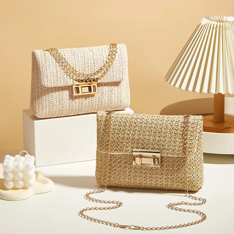 Bohemian Woven Crossbody Bag with Chain Strap