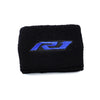 Black fabric cover sock with a blue Yamaha R1 logo printed on it.