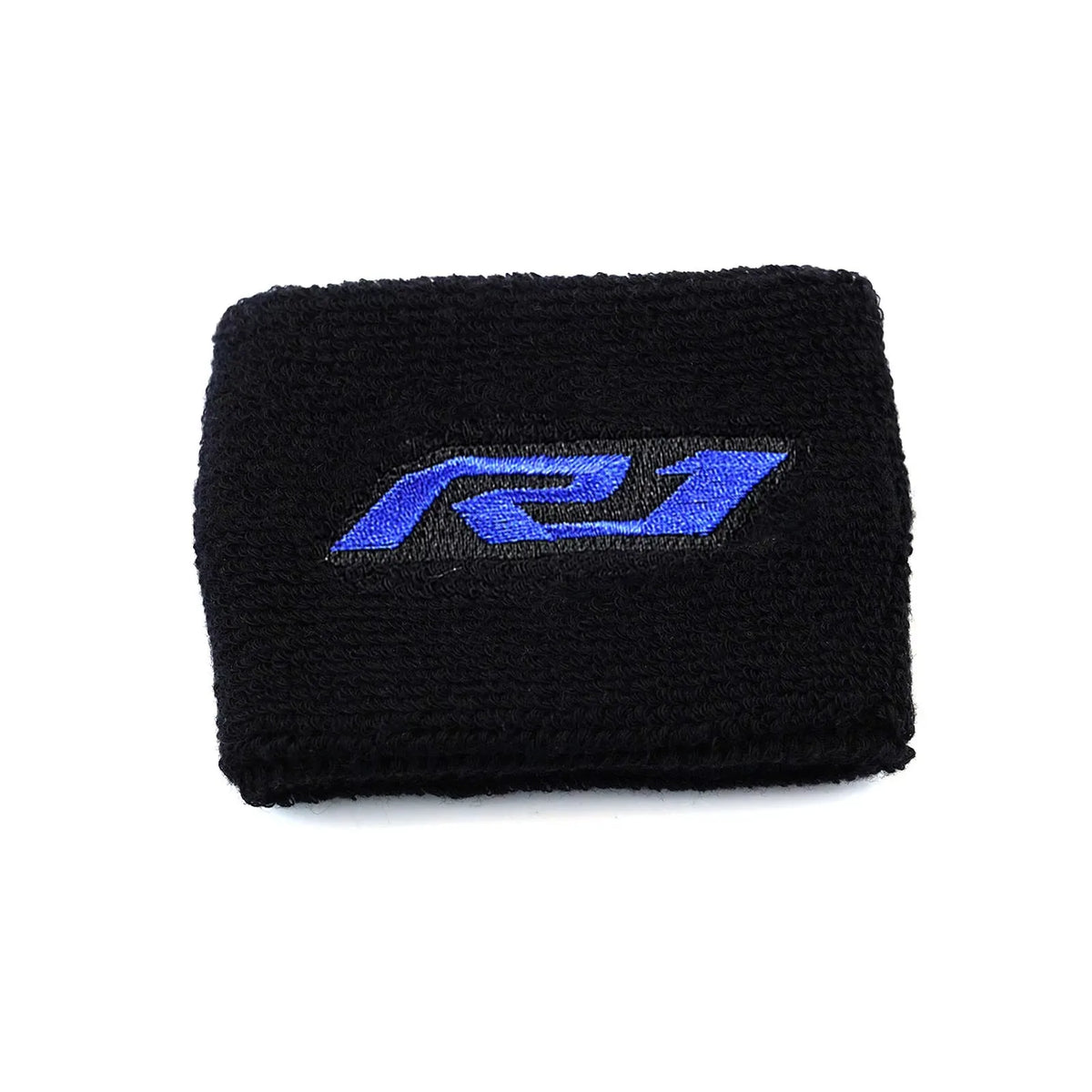 Black fabric cover sock with a blue Yamaha R1 logo printed on it.