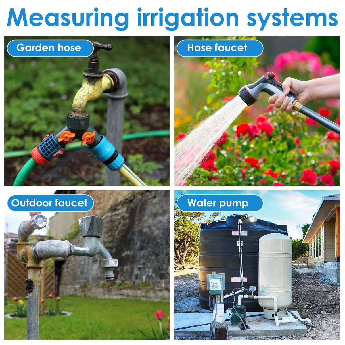 Images showing various irrigation systems including a garden hose, a hose faucet, an outdoor faucet, and a water pump.
