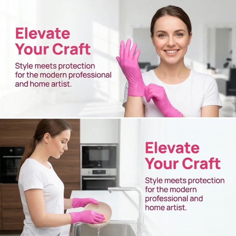 A woman wearing pink nitrile disposable gloves is shown working on a piece of glass.