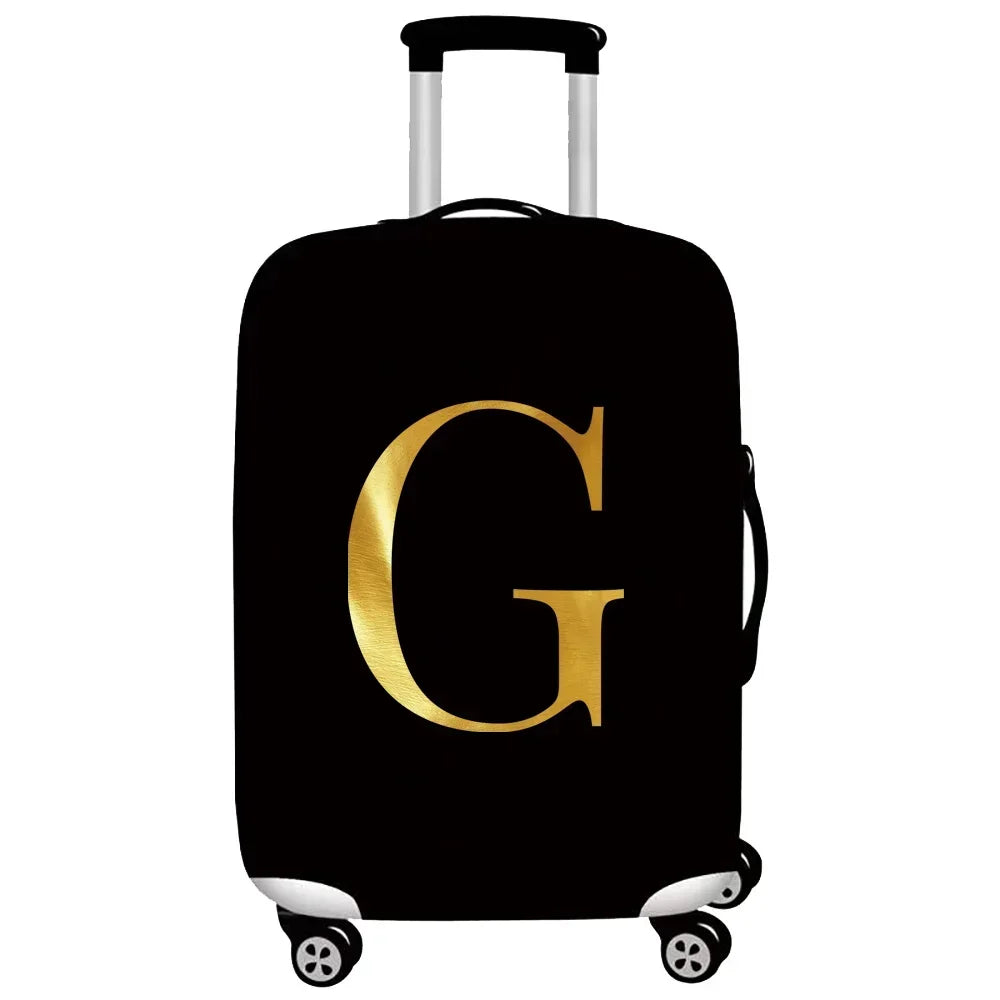 Black rolling luggage with a gold letter G print on the side