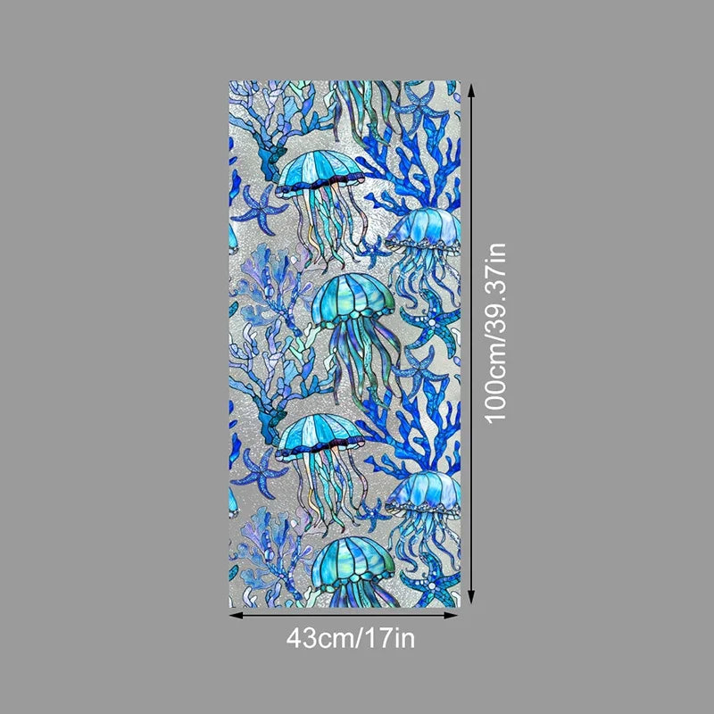Blue and teal floral stained glass window film featuring jellyfish shapes for privacy and decor