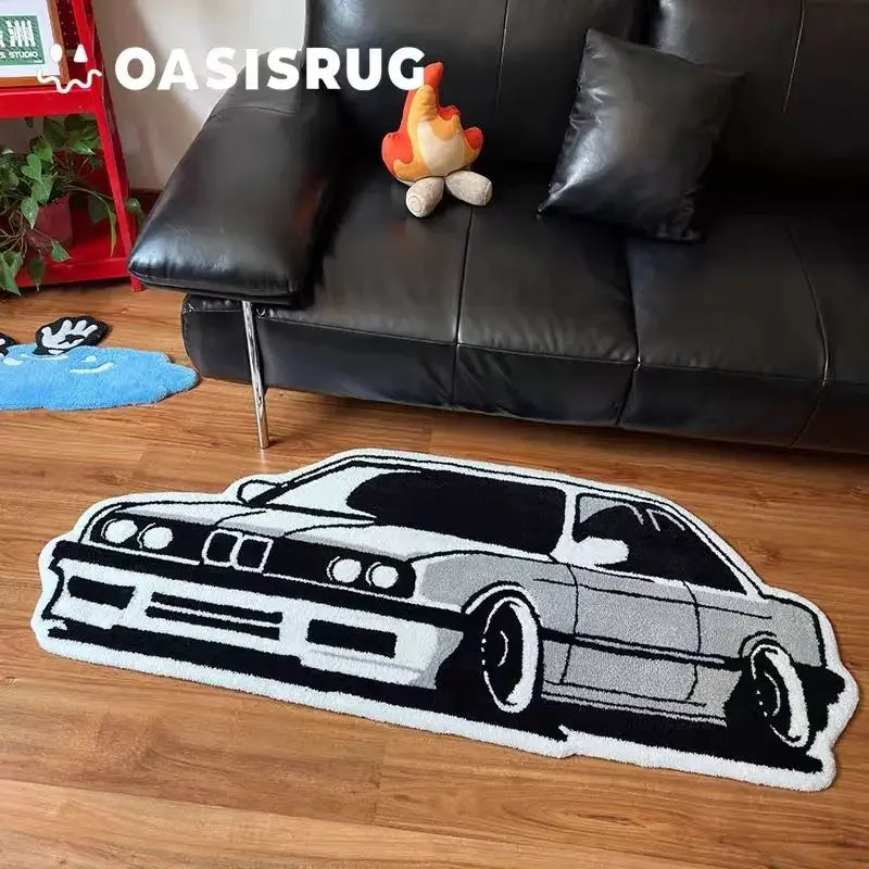 A plush cartoon print carpet featuring a black and white sports car design on a gray background.