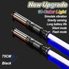 A black lightsaber with a blue blade is shown, featuring new upgrade features like 16-color light and various modes.