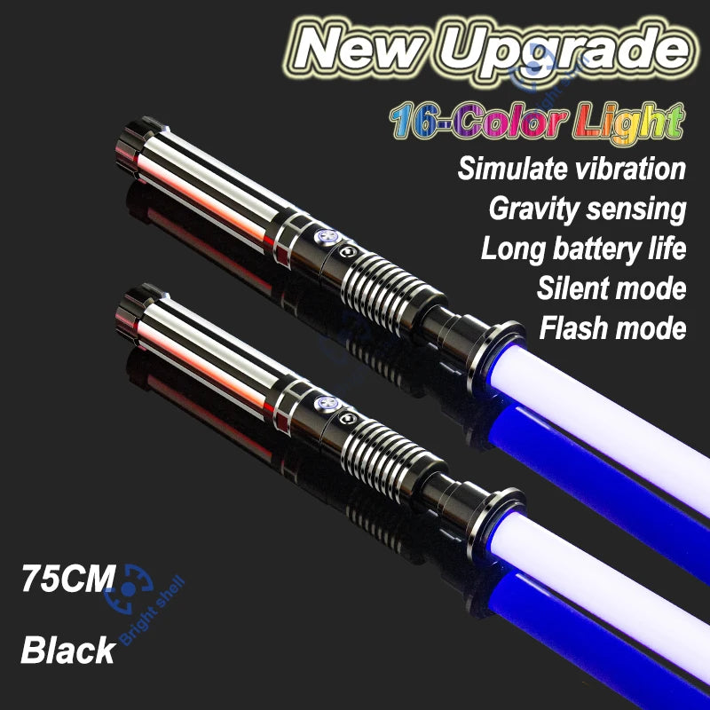 A black lightsaber with a blue blade is shown, featuring new upgrade features like 16-color light and various modes.