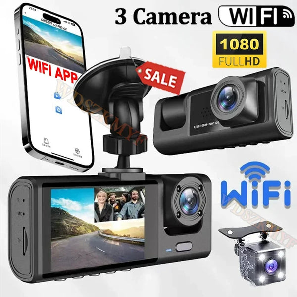 3-Kamera WLAN Dashcam mit Front-, Innen- & Rückfahrkamera