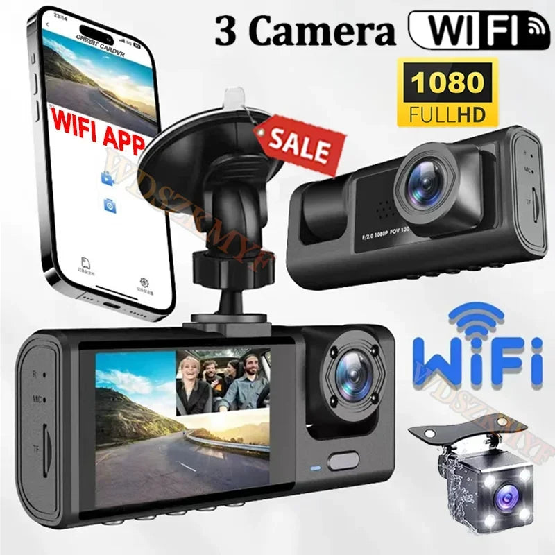 3-Lens WiFi Dash Cam with Front, Interior & Rear Cameras