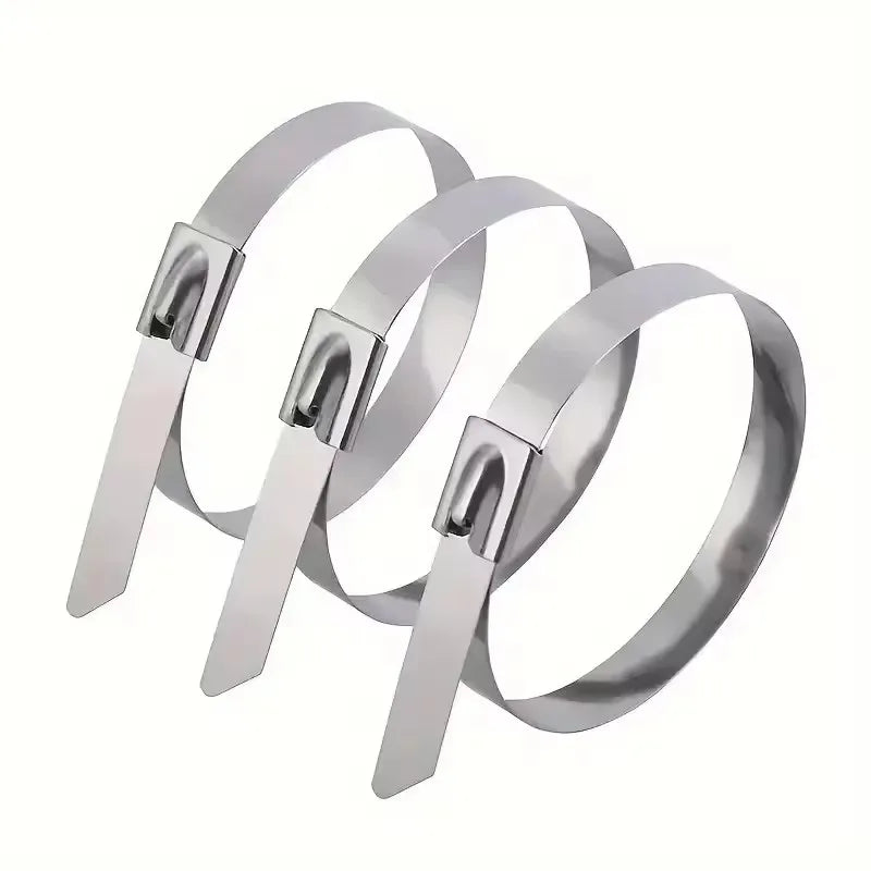 Silver stainless steel cable ties with locking mechanisms shown in a circular arrangement.