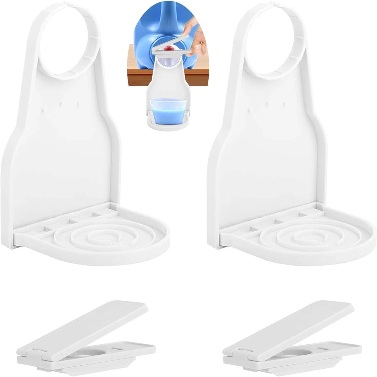 A white laundry detergent cup holder with a drip tray shown in various angles and components.