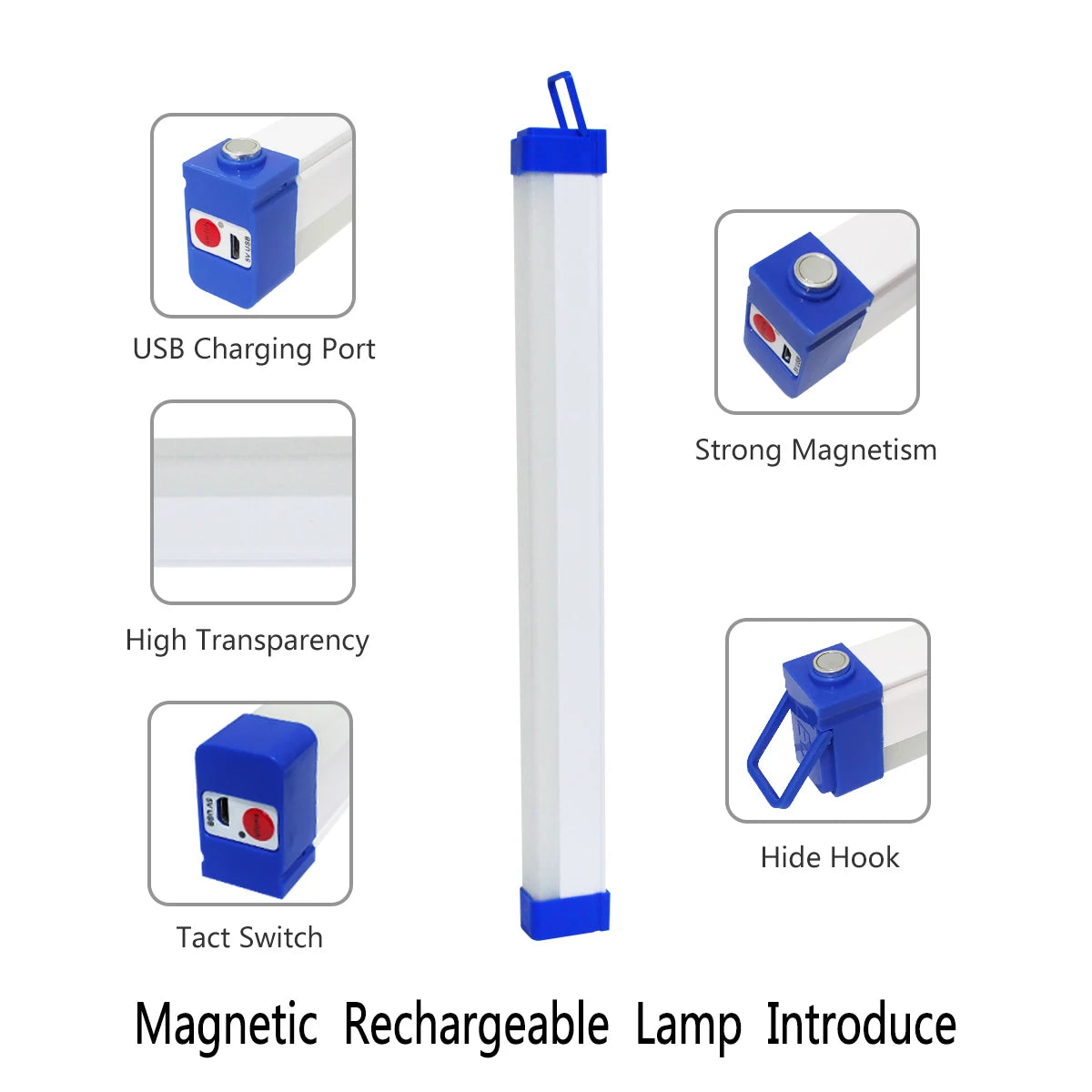 A magnetic rechargeable lamp introduce showing various features like USB charging port, strong magnetism, high transparency, 