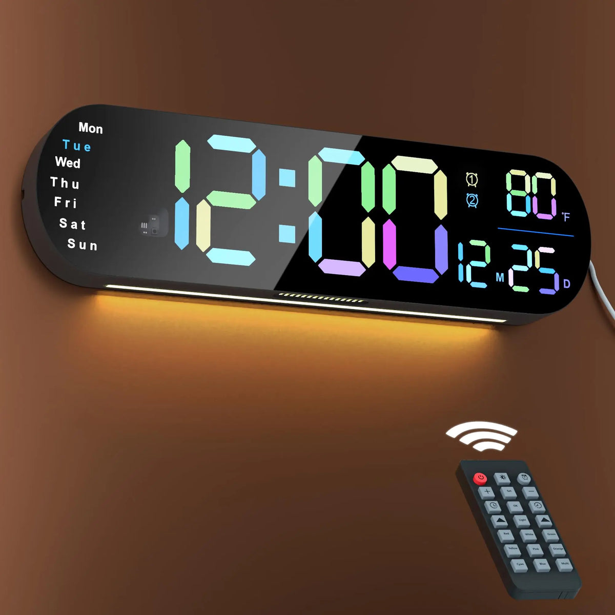 A large digital wall clock displaying time and day, with an RGB color changing remote nearby.