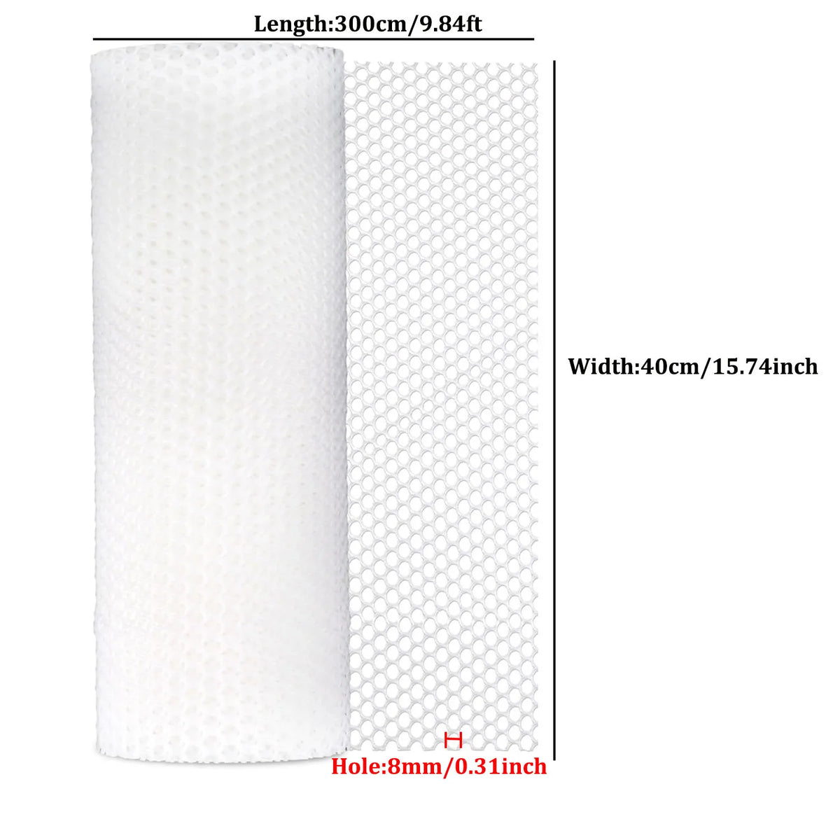 Roll of white plastic wire mesh with 8mm holes, measuring 300cm long and 40cm wide.