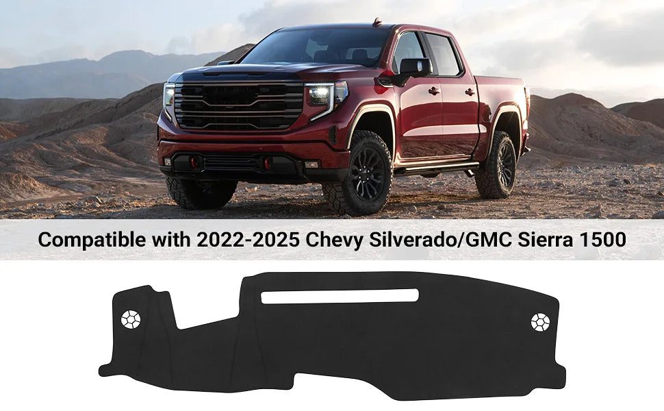 A custom fit black dash cover mat for a Chevy Silverado or GMC Sierra truck.