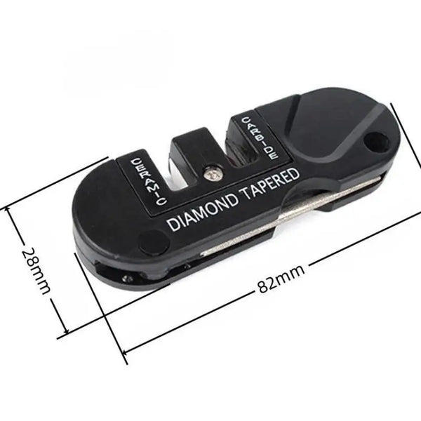 Black diamond tapered mini portable knife sharpener tool with measurements shown.