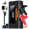 A black portable car jump starter with an LED display and a red LED light is shown next to its accessories.