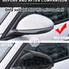 Before and after comparison of gloss black mirror covers on a car's side mirror.