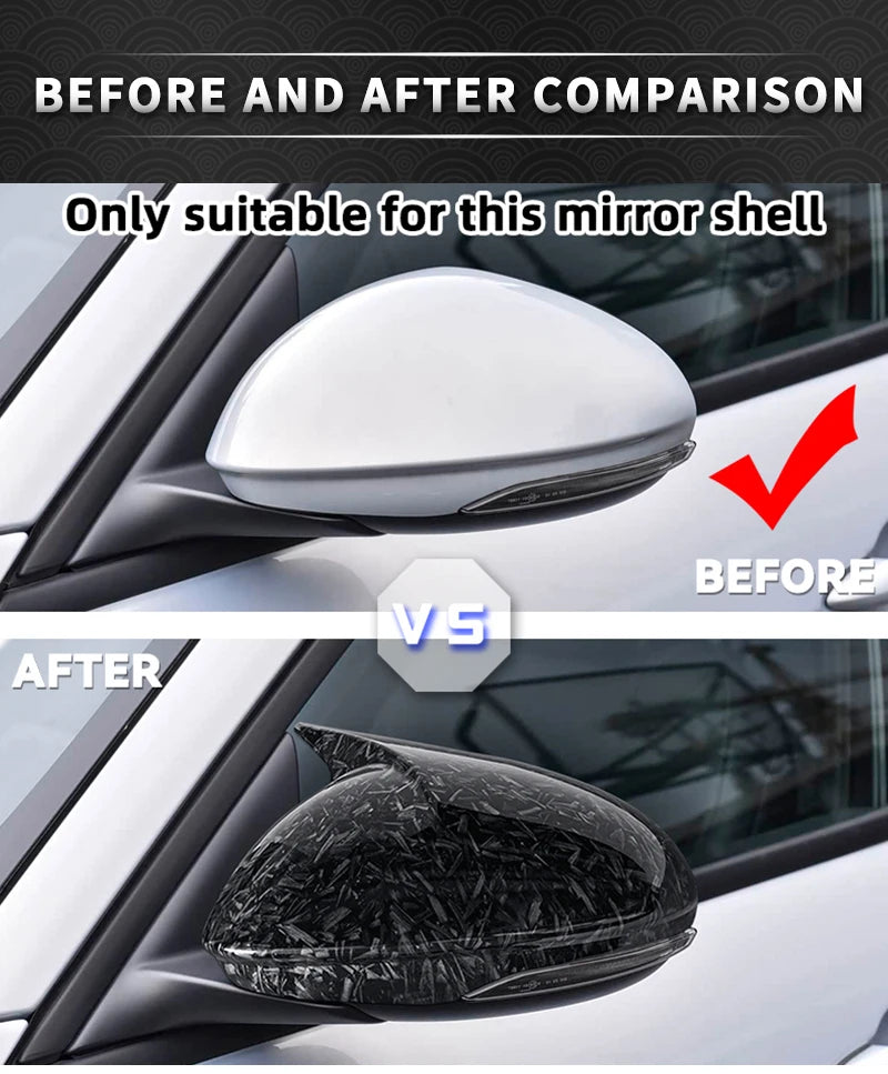 Before and after comparison of gloss black mirror covers on a car's side mirror.