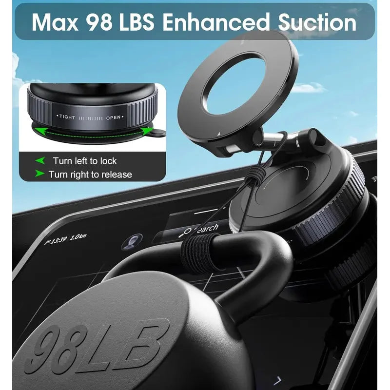 A black magnetic phone mount with an enhanced suction cup, showing the mechanism for locking and releasing.
