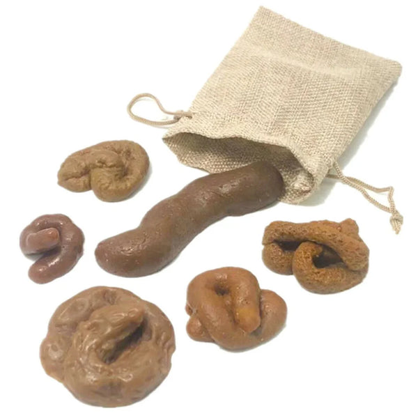 A beige paper bag filled with several realistic-looking brown dog poop prank items.