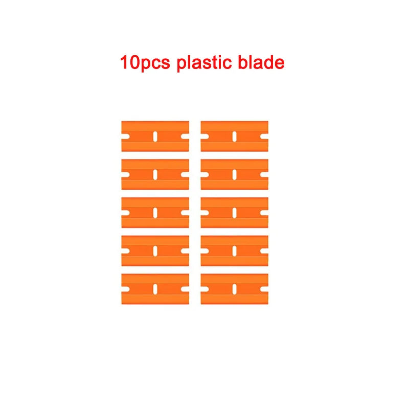 Ten pieces of orange plastic blades for scraping stickers, paint, and adhesive.