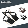 A black adjustable leather crossbody bag shown with various strap configurations and size measurements.