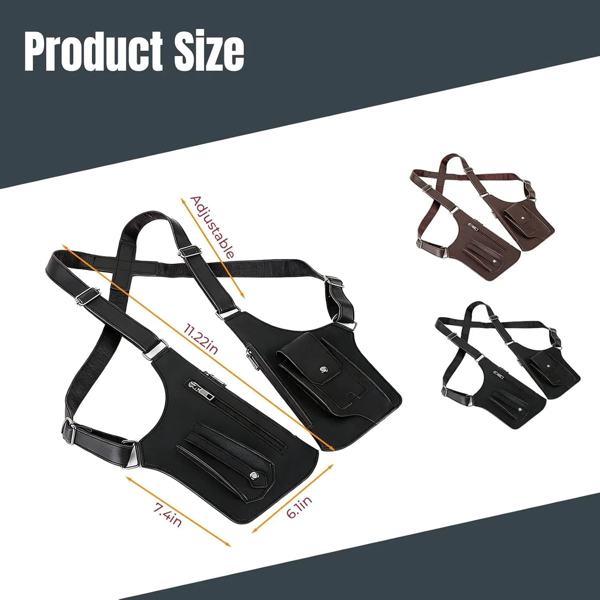 A black adjustable leather crossbody bag shown with various strap configurations and size measurements.