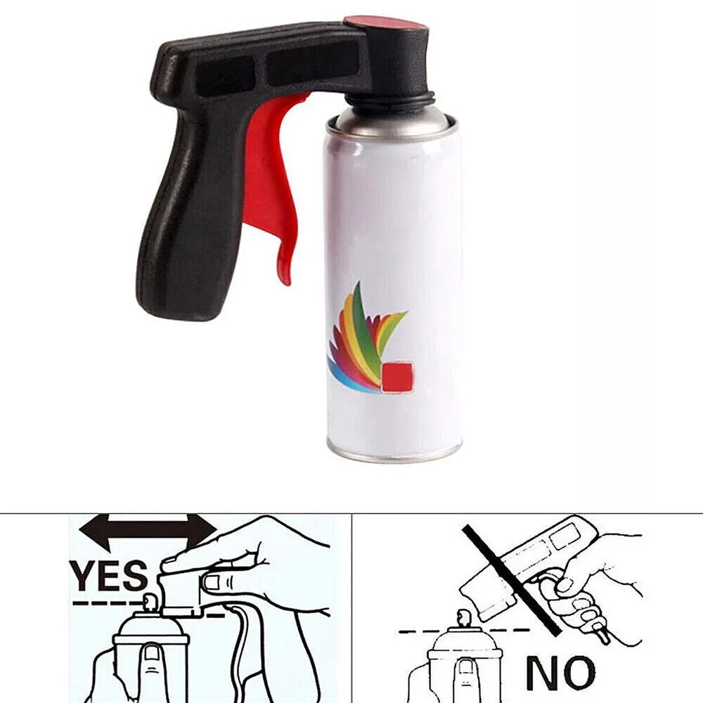 Ergonomic spray paint gun handle for aerosol cans shown with instructions for using the device