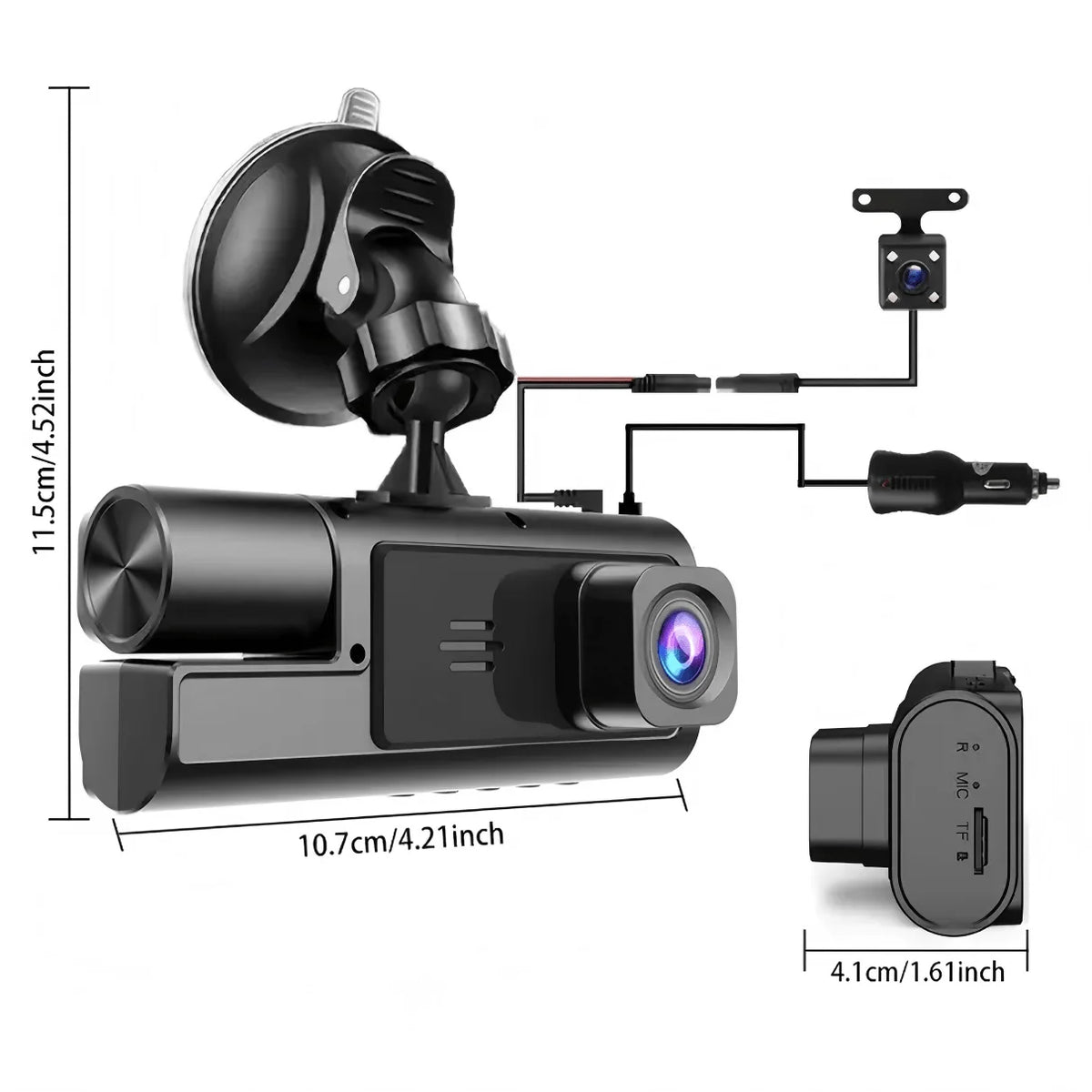 A black dash cam device with a camera mounted on top and wires for power and recording.