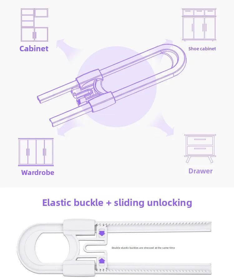 White elastic buckle and sliding unlocking mechanism for cabinet locks