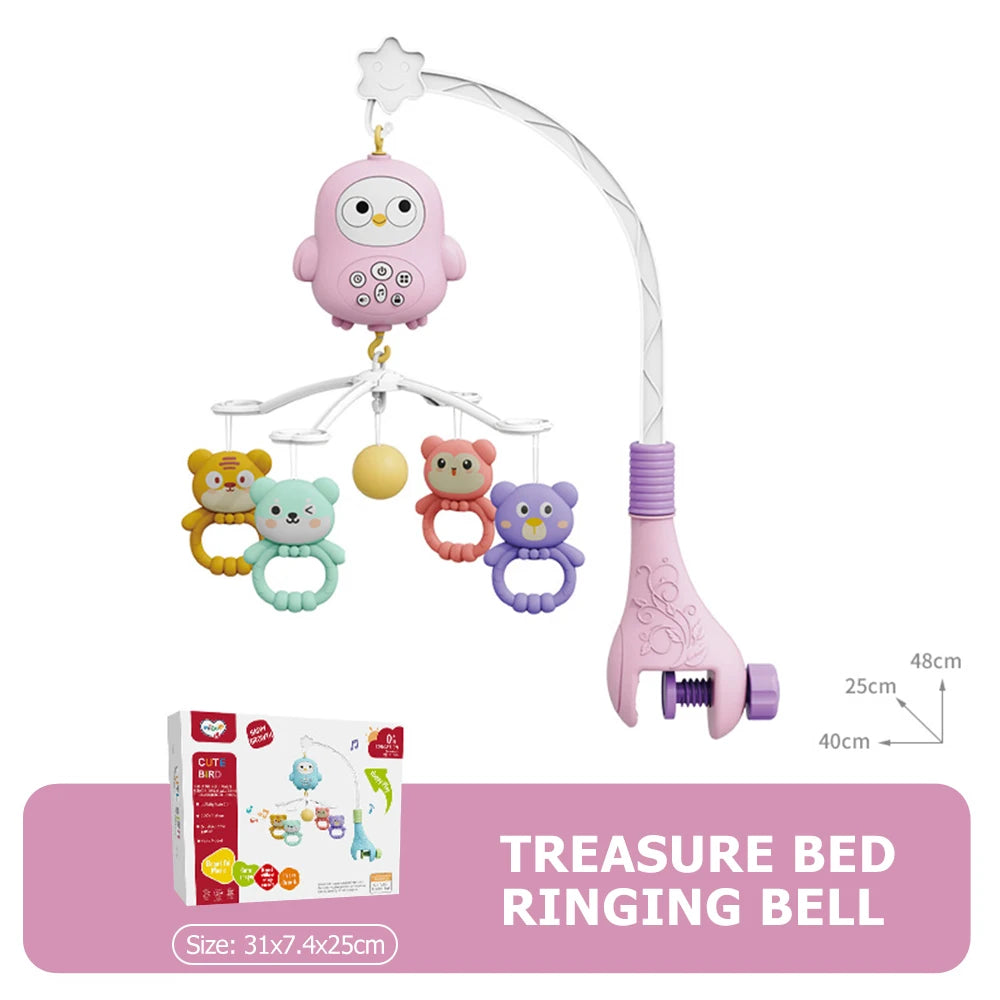 A pink owl-shaped treasure bed ringing bell mobile with a light and remote control.