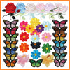A collection of embroidered iron-on patches featuring various colorful butterflies and roses.