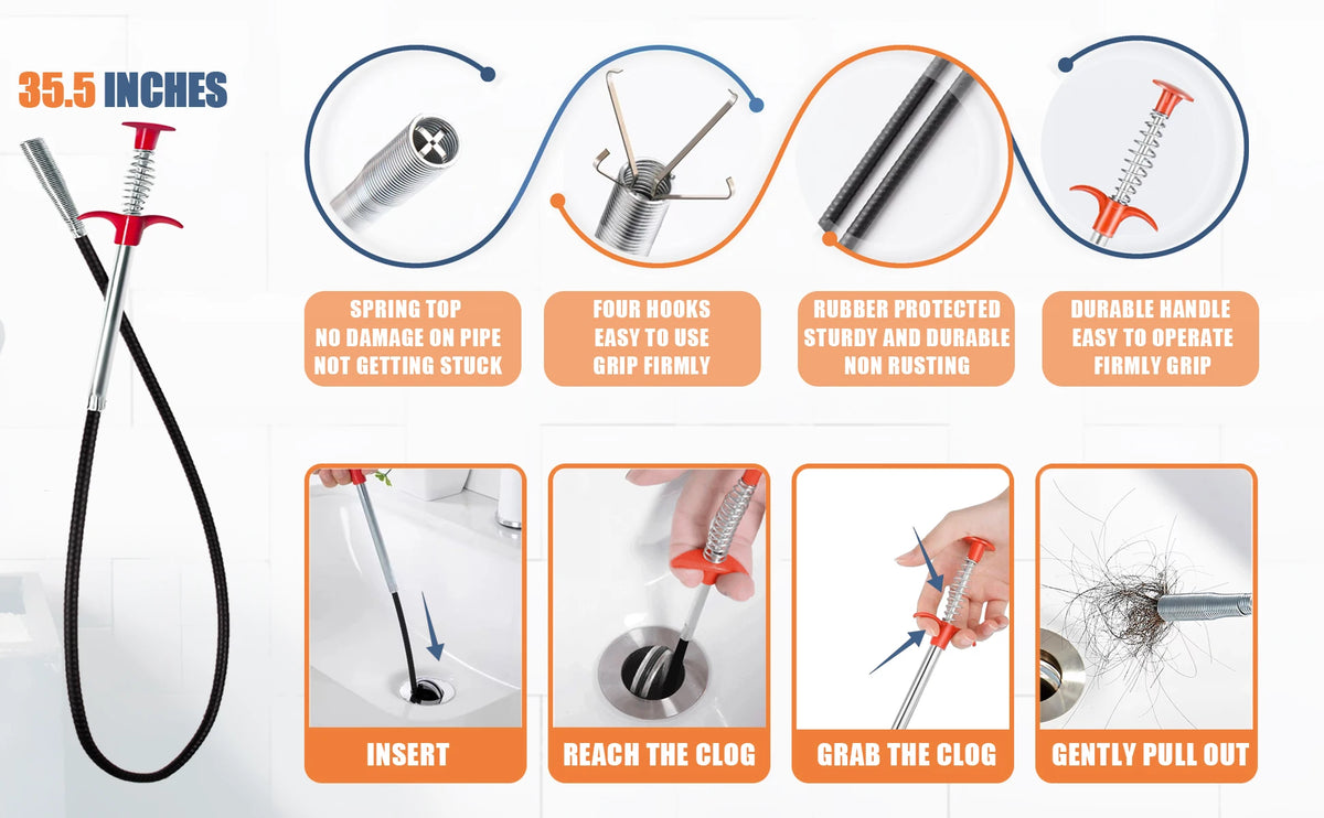 A set of drain clog remover and hair catcher cleaning tools including a spring top, hooks, and a durable handle for uncloggin