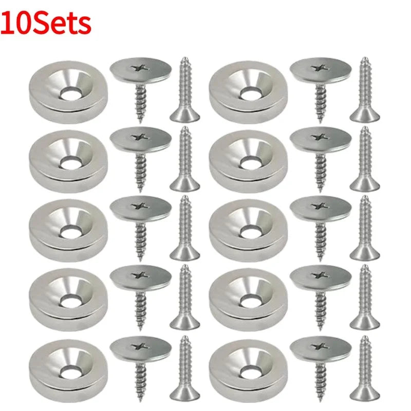 A set of ten hidden magnetic door catches for cabinets and wardrobes, silver color.