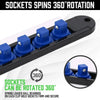 Black socket spins 360 degrees on a rail with spring-loaded ball bearings for secure storage.