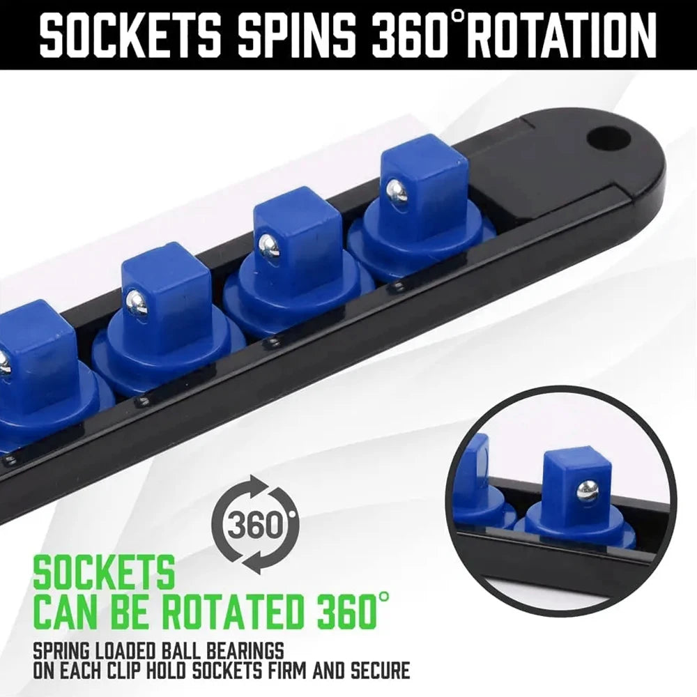 Black socket spins 360 degrees on a rail with spring-loaded ball bearings for secure storage.