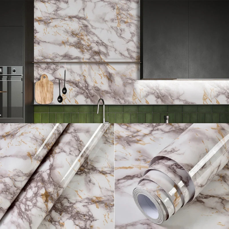 Roll of self-adhesive marble wall sticker featuring brown and white veining for waterproof decoration