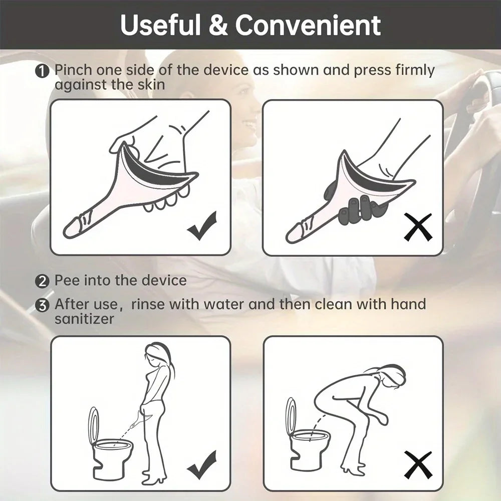 Instructions for using a portable silicone female urination device, showing steps for insertion and cleaning.