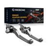A set of black CNC aluminum brake and clutch levers for dirt bikes displayed on a box.