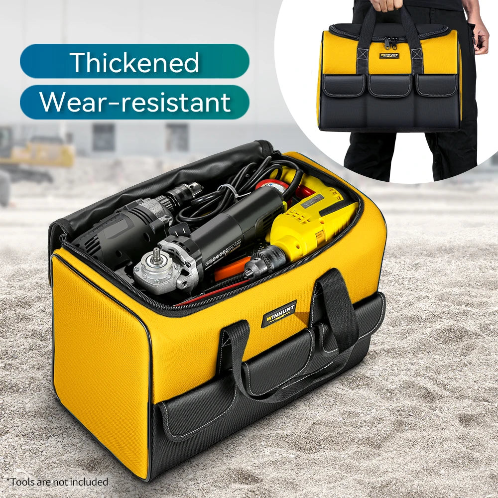 A yellow and black thickened wear-resistant tool bag is shown with tools inside, next to a person.