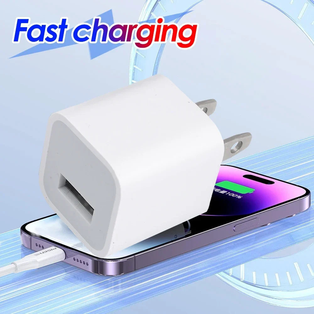 A white compact USB wall charger is shown plugged into an iPhone, highlighting fast charging capability.