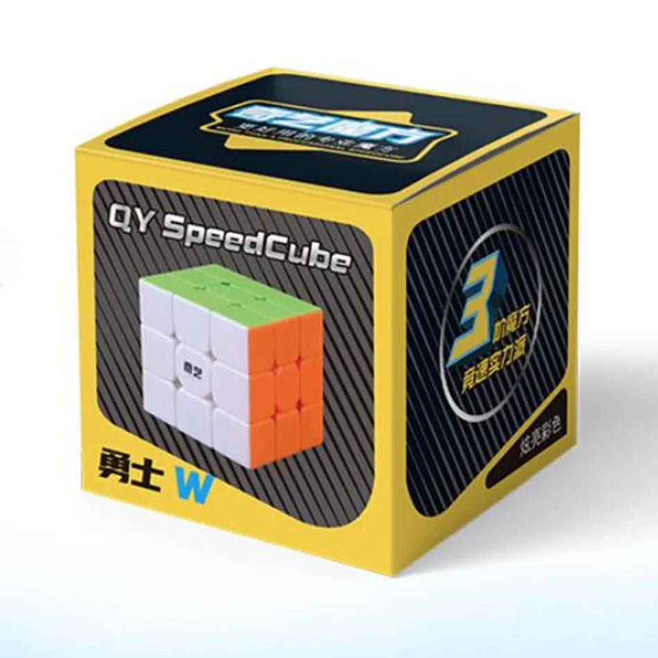 A yellow box containing a QY SpeedCube puzzle with green and orange colored cubes.