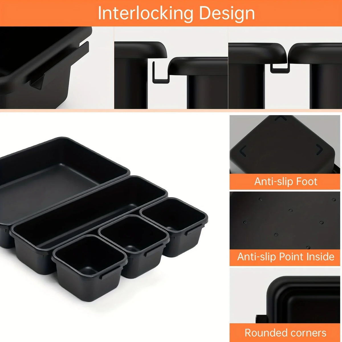 Black modular drawer organizer trays featuring interlocking dividers, anti-slip features, and rounded corners.