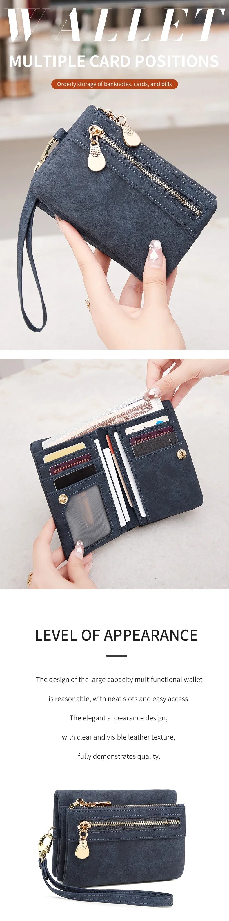 Vintage PU Leather Foldable Clutch Wallet with Wrist Strap