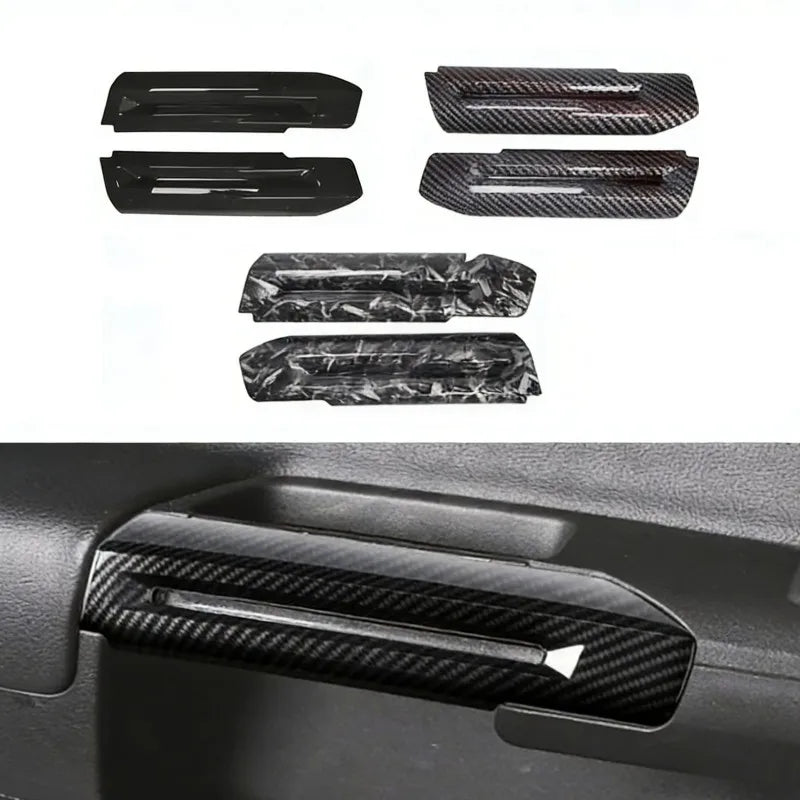Set of carbon fiber door handle covers for Ford Mustang featuring various styles and finishes.