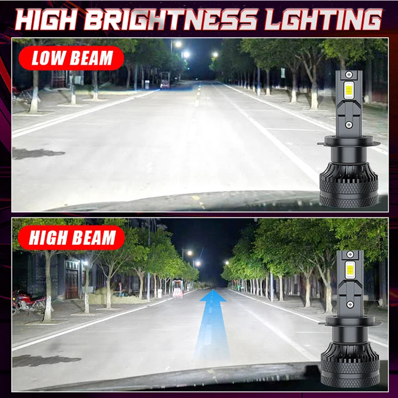Comparison of low beam and high beam headlights on a road, showing the difference in light intensity.