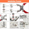 Installation process showing pliers and a metal snap button kit for DIY sewing projects